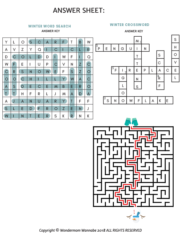 A Winter Activity Kit for Kids by Wondermom Shop featuring a printable maze and answer sheet.