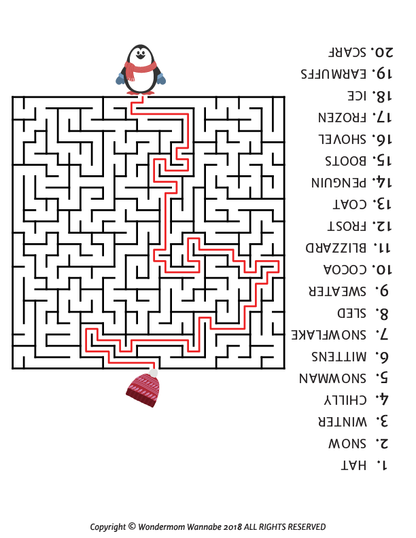 A printable Winter Activity Kit for Kids featuring a maze with a penguin, perfect from Wondermom Shop.