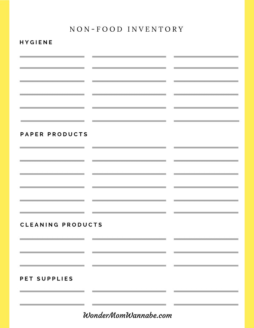A printable non-food inventory sheet for emergencies, with a yellow background, called the Ultimate Prepper Guide by Wondermom Shop.