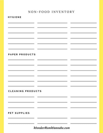 A printable non-food inventory sheet for emergencies, with a yellow background, called the Ultimate Prepper Guide by Wondermom Shop.
