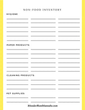Load image into Gallery viewer, A printable non-food inventory sheet for emergencies, with a yellow background, called the Ultimate Prepper Guide by Wondermom Shop.

