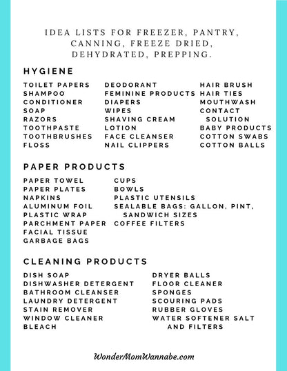 A printable Ultimate Prepper Guide for emergencies, featuring a list of items for the freezer and pantry by Wondermom Shop.
