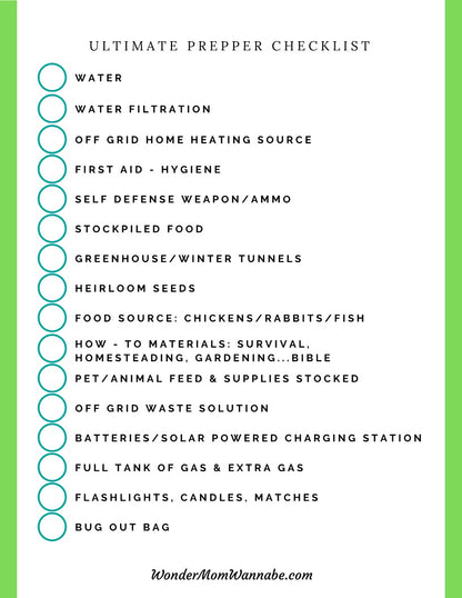 The Wondermom Shop Ultimate Prepper Guide with a printable checklist for emergencies, on a green background.