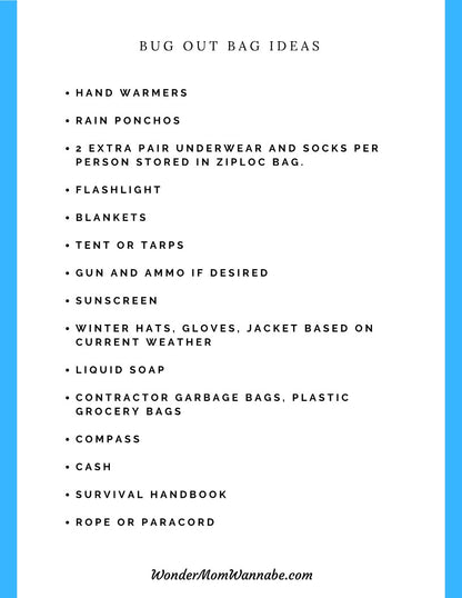 A printable Ultimate Prepper Guide featuring a list of bug out bag ideas for emergencies from Wondermom Shop.