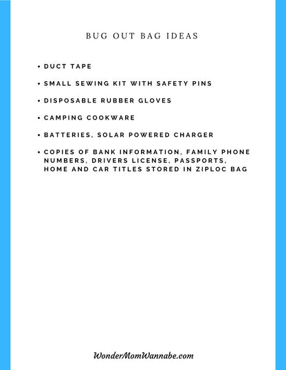 A blue background with printable Ultimate Prepper Guide bug out bag ideas for emergencies by Wondermom Shop.