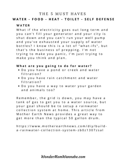 A printable Ultimate Prepper Guide of the 5 must haves for watering your garden, perfect for emergencies and preppers, provided by Wondermom Shop.