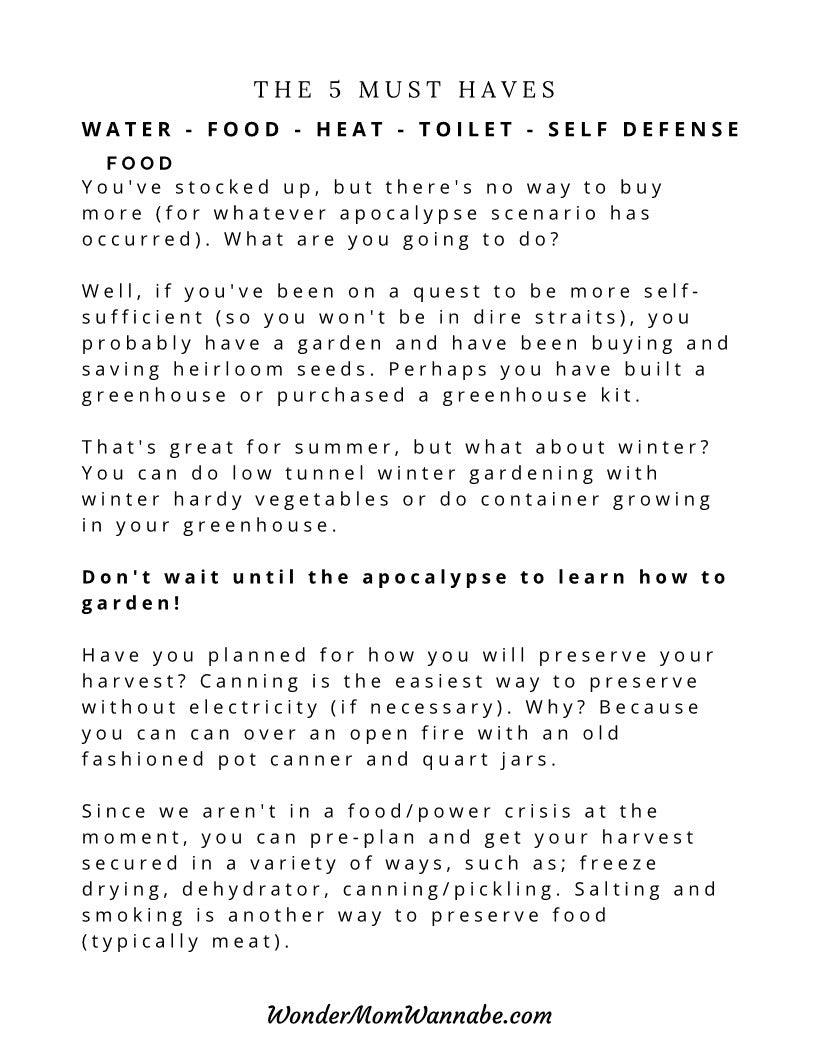 A printable Ultimate Prepper Guide showcasing the 5 essential must-haves for a garden during emergencies available at Wondermom Shop.