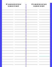 Load image into Gallery viewer, A printable grocery list template with blue lines and a blue background, perfect for emergencies and Wondermom Shop&#39;s Ultimate Prepper Guide.
