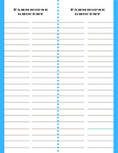 Load image into Gallery viewer, A printable grocery list template with a blue background, for emergencies, from the Ultimate Prepper Guide by Wondermom Shop.
