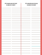 Load image into Gallery viewer, A printable grocery list with a red background, ideal for emergencies and Wondermom Shop&#39;s Ultimate Prepper Guide.
