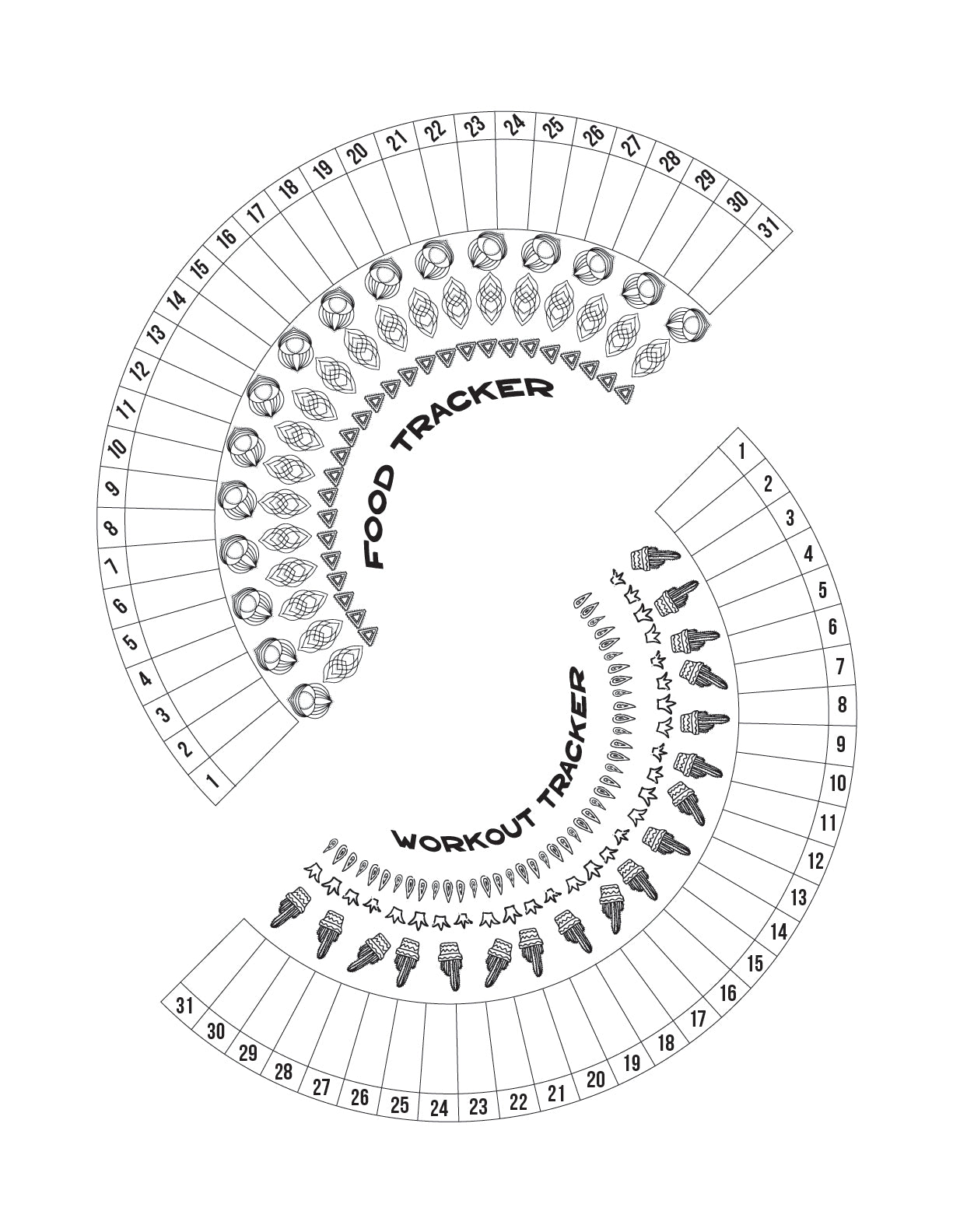 The Wondermom Shop Healthy Habits Journal includes a "Food & Workout Tracker" circular chart with numbered "Food Tracker" and "Workout Tracker" sections, illustrated with healthy food and exercise icons to help you track daily habits.