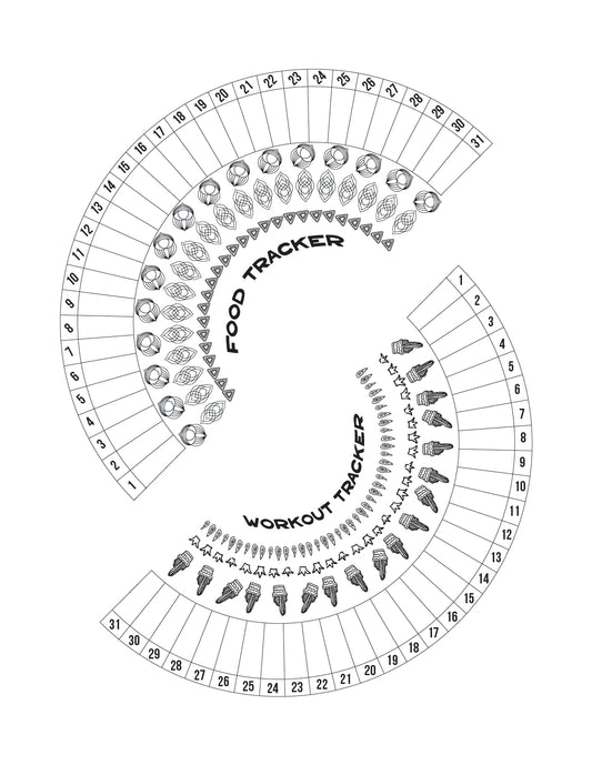 The Wondermom Shop Healthy Habits Journal includes a "Food & Workout Tracker" circular chart with numbered "Food Tracker" and "Workout Tracker" sections, illustrated with healthy food and exercise icons to help you track daily habits.