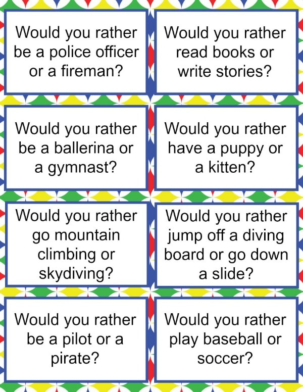 A set of VIP Vault's "Would You Rather Questions for Kids" with activities for kids.