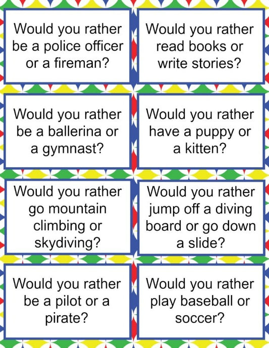 A set of VIP Vault's "Would You Rather Questions for Kids" with activities for kids.