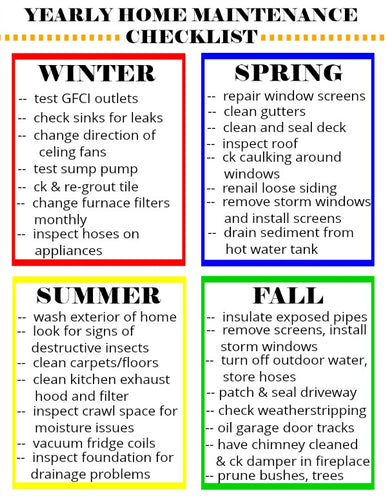 A VIP Vault yearly home maintenance checklist for spring, summer, and fall.