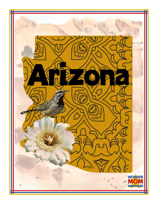 A decorative image showcasing an outline of Arizona filled with a geometric pattern, featuring a bird perched inside it and a white flower at the bottom. "Arizona Travel Guide and Activity Kit for Kids" by Wondermom Shop is prominently written in bold letters.