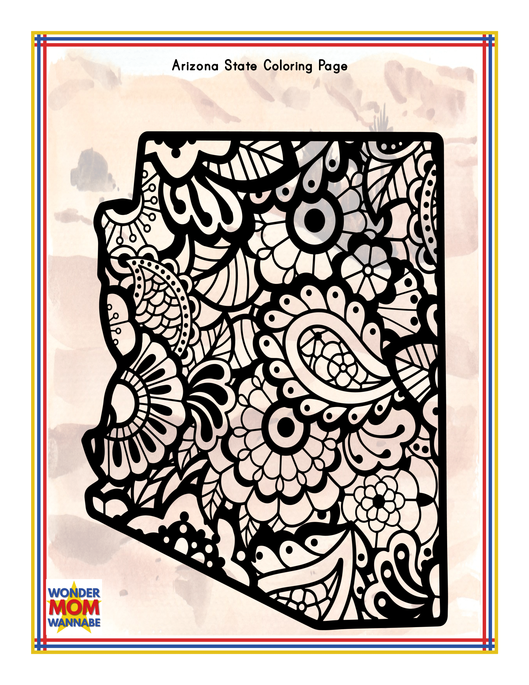Introducing the Arizona Travel Guide and Activity Kit for Kids from Wondermom Shop – a coloring page featuring the outline of Arizona intricately filled with floral and paisley patterns, perfect for those eager to explore this vibrant state through an artistic lens.