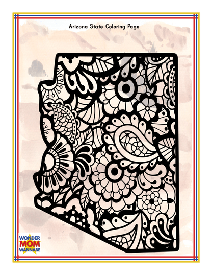 Introducing the Arizona Travel Guide and Activity Kit for Kids from Wondermom Shop – a coloring page featuring the outline of Arizona intricately filled with floral and paisley patterns, perfect for those eager to explore this vibrant state through an artistic lens.