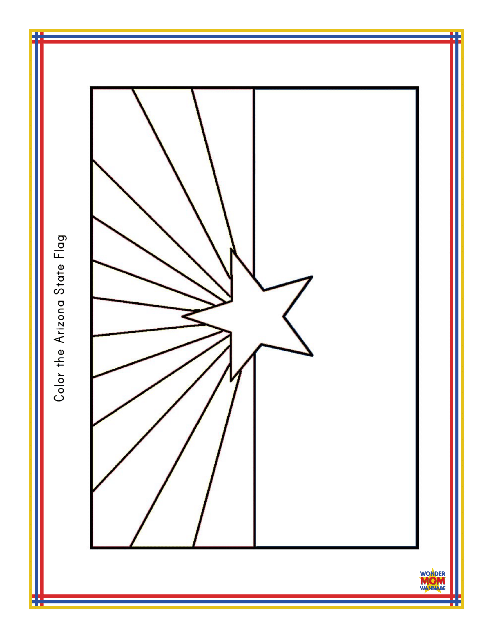 This black and white outline of the Arizona state flag features a star and rays, with text on the side that reads "Color the Arizona State Flag." It has a red, yellow, and blue lined border and is perfect for adding to your *Arizona Travel Guide and Activity Kit for Kids* by *Wondermom Shop*. It's an excellent resource for learning about Arizona activities!