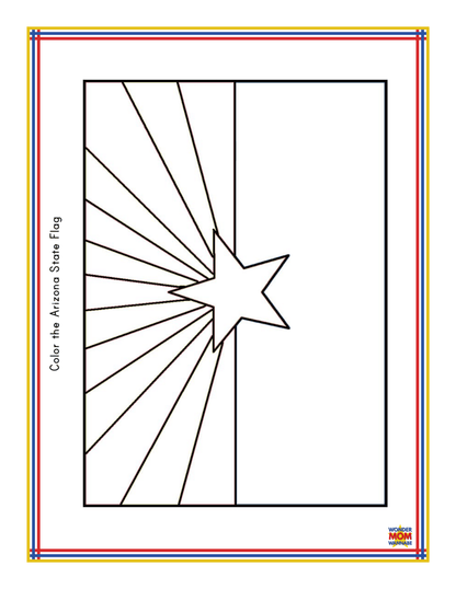 This black and white outline of the Arizona state flag features a star and rays, with text on the side that reads "Color the Arizona State Flag." It has a red, yellow, and blue lined border and is perfect for adding to your *Arizona Travel Guide and Activity Kit for Kids* by *Wondermom Shop*. It's an excellent resource for learning about Arizona activities!