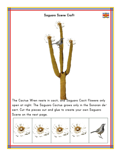 Image of the Arizona Travel Guide and Activity Kit for Kids by Wondermom Shop. Includes a Saguaro Cactus with flowers and a Cactus Wren. Instructions say to cut out and glue the pieces to create a scene, perfect for kids learning about Arizona activities or as an accompaniment to an Arizona travel guide.
