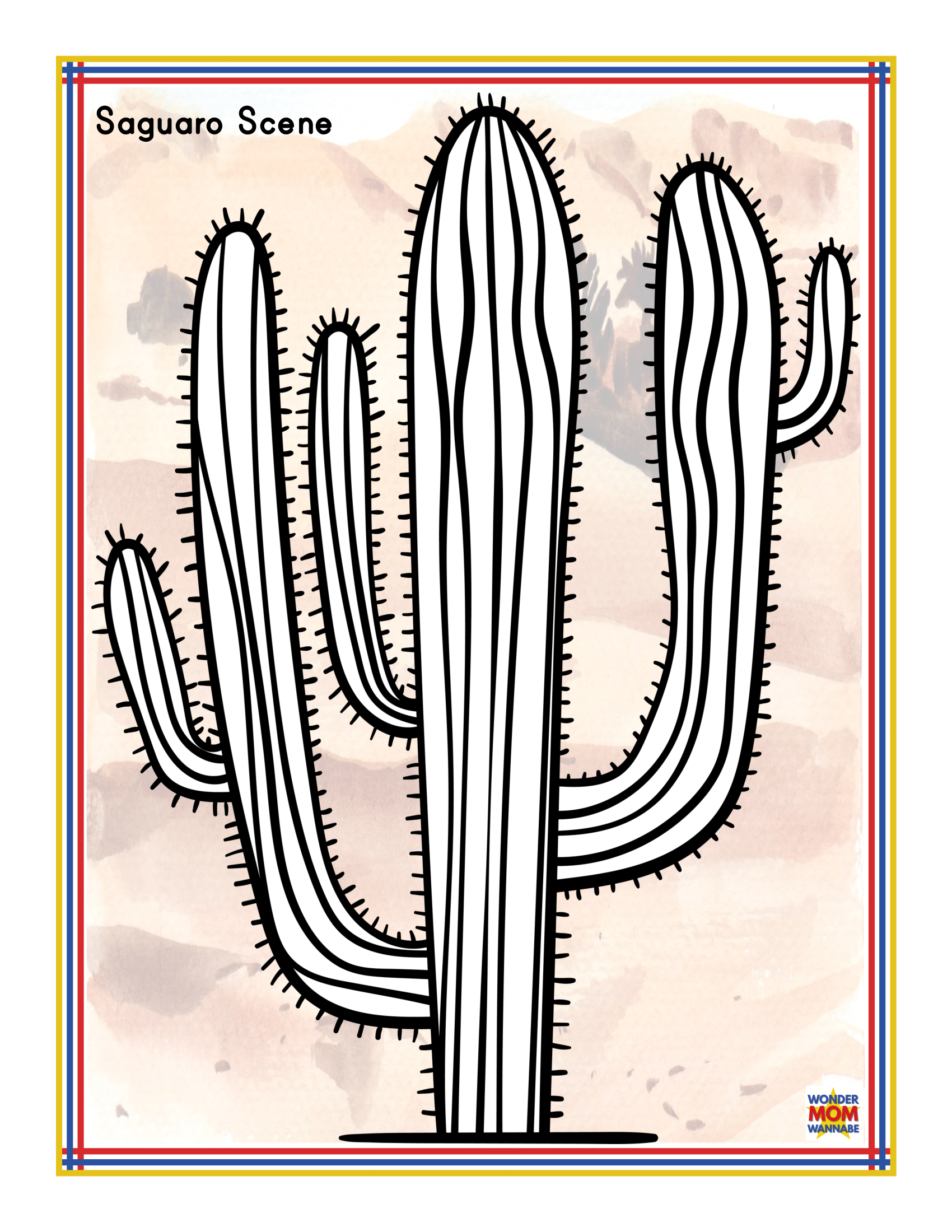 Illustrated image of a saguaro cactus titled "Saguaro Scene" by Wondermom Shop. The cactus has multiple arms and is set against a desert background with a colorful border, capturing the essence of Arizona activities and the Southwest's vibrant allure as featured in the Arizona Travel Guide and Activity Kit for Kids.