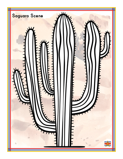 Illustrated image of a saguaro cactus titled "Saguaro Scene" by Wondermom Shop. The cactus has multiple arms and is set against a desert background with a colorful border, capturing the essence of Arizona activities and the Southwest's vibrant allure as featured in the Arizona Travel Guide and Activity Kit for Kids.