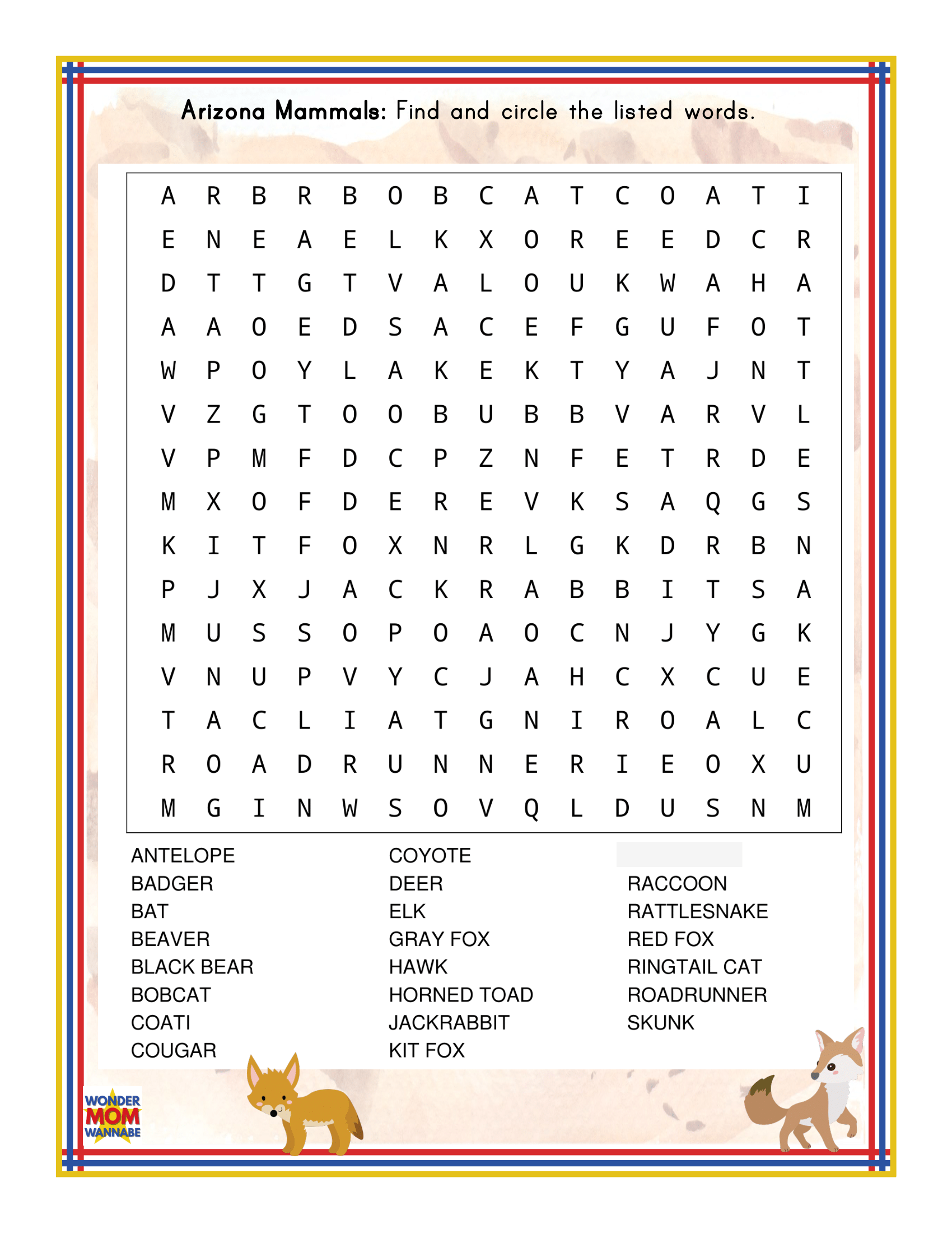 The Arizona Travel Guide and Activity Kit for Kids by Wondermom Shop features an engaging word search puzzle titled "Arizona Mammals," complete with a grid of jumbled letters. The puzzle includes names of mammals such as antelope, badger, bat, bobcat, elk, fox, raccoon, and more. It is bordered with illustrations of animals and is perfect for children seeking fun activities during their travels in Arizona.