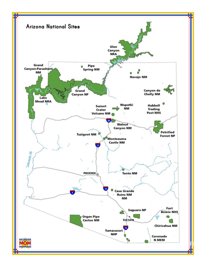 Map of Arizona detailing national sites including Grand Canyon, Petrified Forest, Saguaro, and others marked in green. Highways and major cities like Phoenix and Tucson are also shown. The "Arizona Travel Guide and Activity Kit for Kids" by Wondermom Shop offers comprehensive Grand Canyon information and highlights exciting Arizona activities.