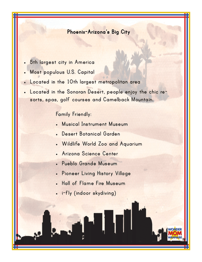 A flyer titled "Phoenix-Arizona's Big City" showcases Phoenix's rankings and amenities, featuring resorts, a zoo, museums, and family-friendly attractions. Beneath the cityscape silhouette at the bottom is a section highlighting the Arizona Travel Guide and Activity Kit for Kids by Wondermom Shop, which includes information about the Grand Canyon.