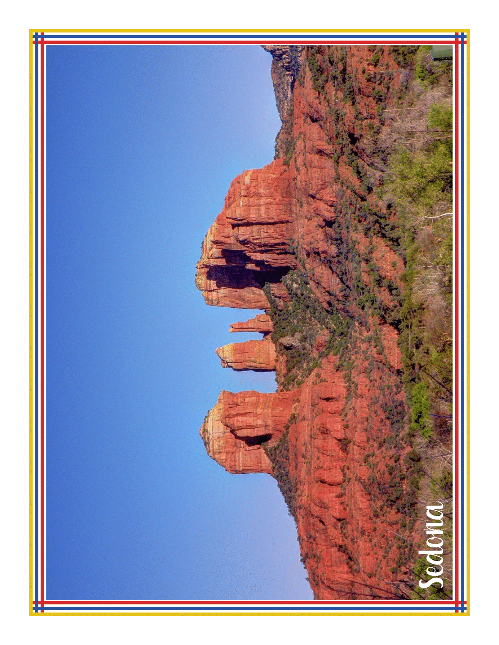A postcard showcasing a stunning landscape view of red rock formations in Sedona beneath a clear blue sky, with "Sedona" written vertically on the right side. An excellent addition for those using the Arizona Travel Guide and Activity Kit for Kids by Wondermom Shop or anyone seeking Grand Canyon information.