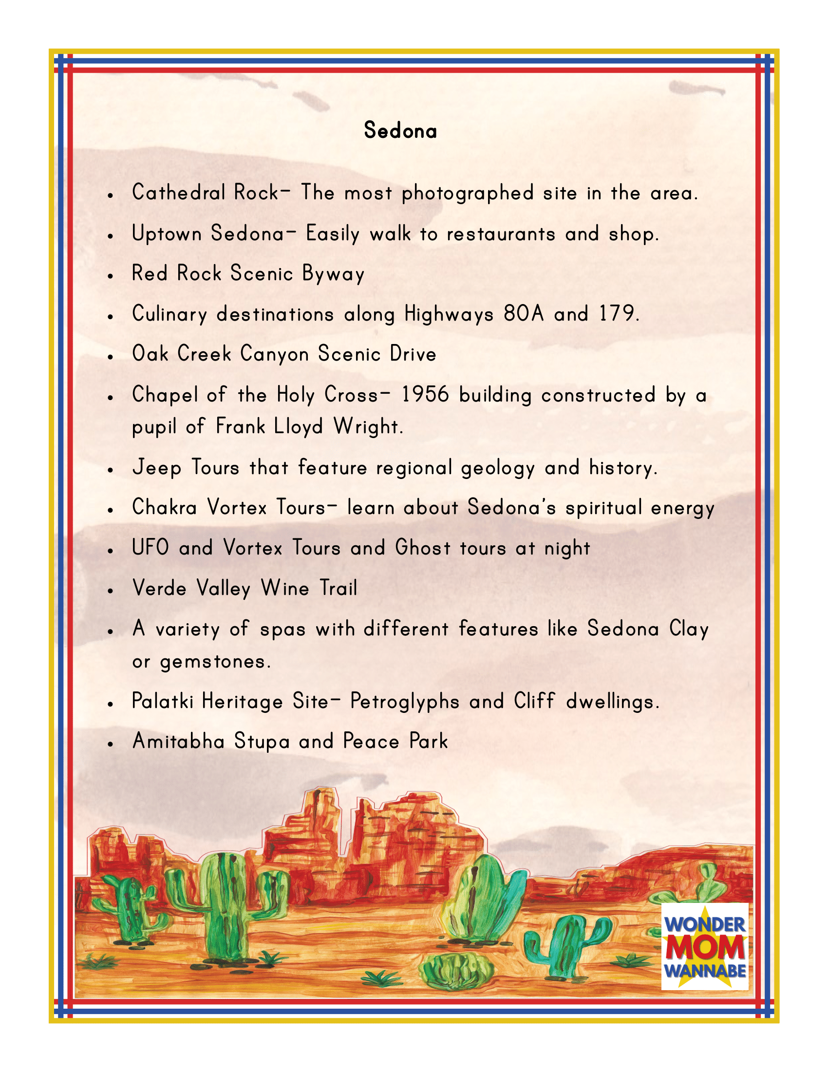 An informational flyer titled "Arizona Travel Guide and Activity Kit for Kids" by Wondermom Shop lists various attractions such as Cathedral Rock, Uptown Sedona, Oak Creek Canyon, Chapel of the Holy Cross, Jeep Tours, UFO and Vortex tours, and more. This comprehensive travel guide also includes Grand Canyon information for a complete adventure.
