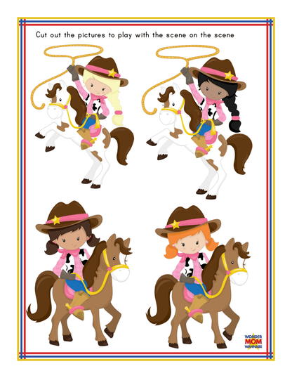 The product includes four illustrations of girls dressed as cowgirls, each riding a horse. The text at the top instructs children to cut out the pictures for use in a scene inspired by an Arizona travel guide, as part of the "Arizona Travel Guide and Activity Kit for Kids" from Wondermom Shop.
