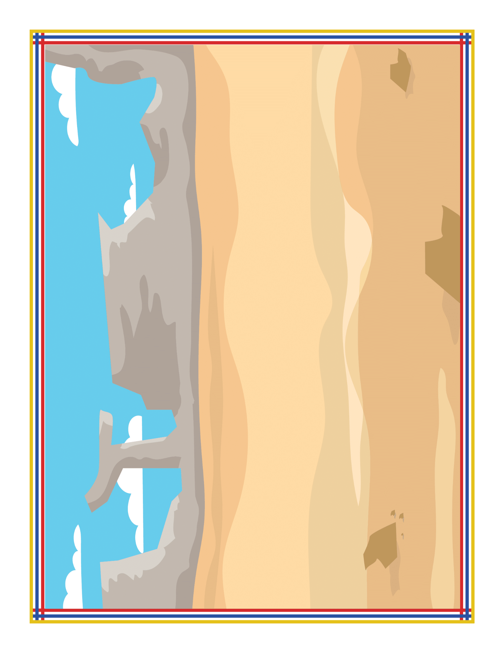 A vibrant and stylized map featuring a coastline on the left that transitions from water and cliffs to desert terrain on the right, perfect for any Arizona travel guide, is included in Wondermom Shop's "Arizona Travel Guide and Activity Kit for Kids.