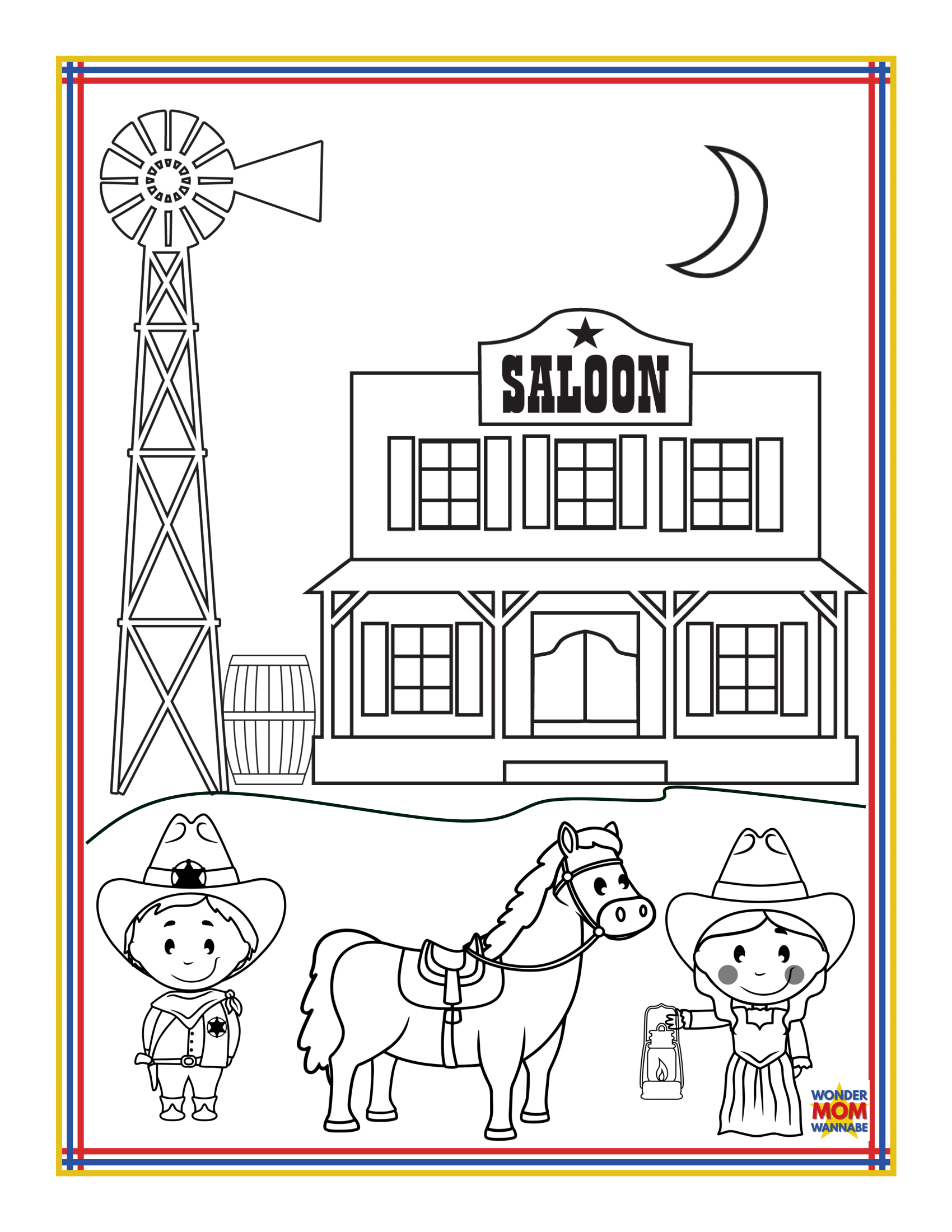 A coloring page featuring a cowboy and cowgirl next to a horse, with a saloon building, windmill, moon, and barrel in the background—perfect for anyone inspired by the "Arizona Travel Guide and Activity Kit for Kids" from Wondermom Shop.