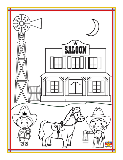 A coloring page featuring a cowboy and cowgirl next to a horse, with a saloon building, windmill, moon, and barrel in the background—perfect for anyone inspired by the "Arizona Travel Guide and Activity Kit for Kids" from Wondermom Shop.