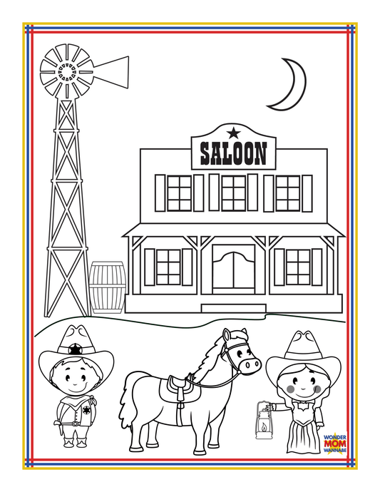 A coloring page featuring a cowboy and cowgirl next to a horse, with a saloon building, windmill, moon, and barrel in the background—perfect for anyone inspired by the "Arizona Travel Guide and Activity Kit for Kids" from Wondermom Shop.