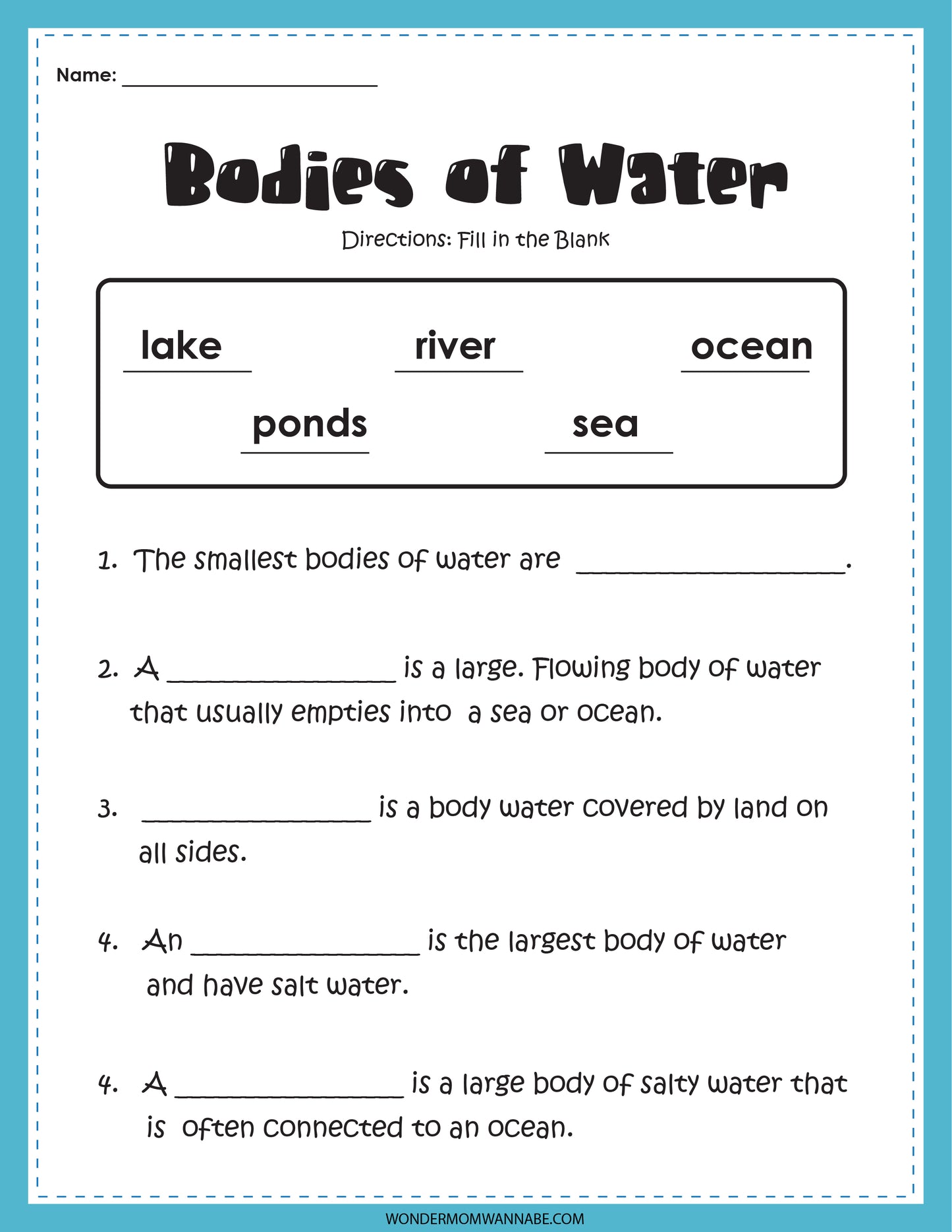 The "Bodies of Water Activity Set" by Wondermom Shop includes a fill-in-the-blank worksheet where children can enter words such as lake, river, ocean, pond, and sea. It features four questions designed to enhance learning about different bodies of water through engaging exercises.