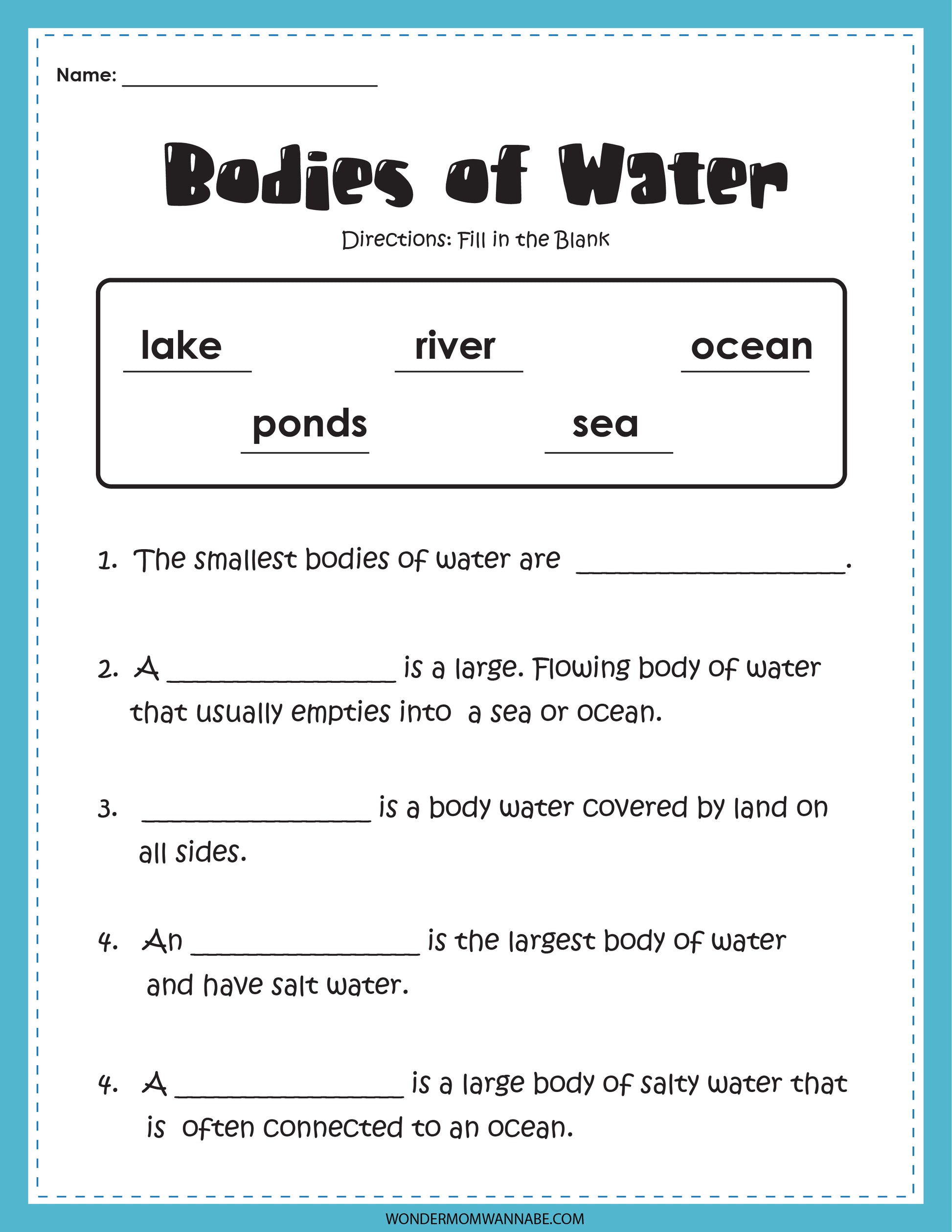 The "Bodies of Water Activity Set" by Wondermom Shop includes a fill-in-the-blank worksheet where children can enter words such as lake, river, ocean, pond, and sea. It features four questions designed to enhance learning about different bodies of water through engaging exercises.
