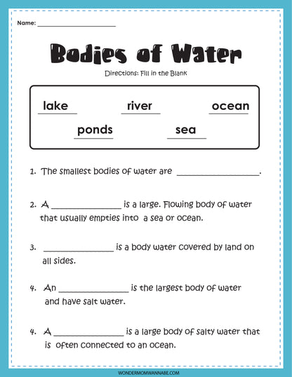 The "Bodies of Water Activity Set" by Wondermom Shop includes a fill-in-the-blank worksheet where children can enter words such as lake, river, ocean, pond, and sea. It features four questions designed to enhance learning about different bodies of water through engaging exercises.