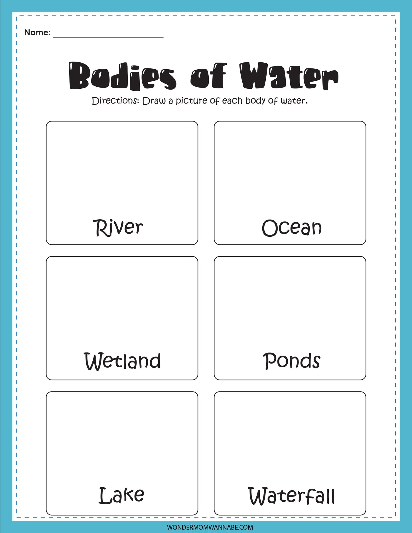 Wondermom Shop offers an educational activity set called the "Bodies of Water Activity Set," which includes six boxes labeled: River, Ocean, Wetland, Ponds, Lake, and Waterfall.