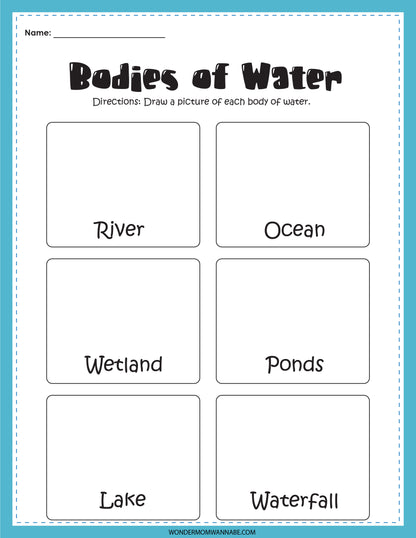 Wondermom Shop offers an educational activity set called the "Bodies of Water Activity Set," which includes six boxes labeled: River, Ocean, Wetland, Ponds, Lake, and Waterfall.