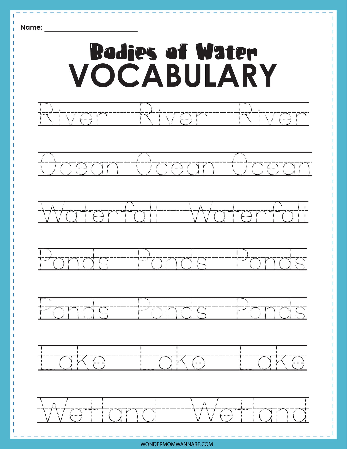 A digital product titled "Bodies of Water Activity Set" from Wondermom Shop offers engaging educational activities where words like "River," "Ocean," "Waterfall," "Ponds," "Lake," and "Wetland" are listed three times each for writing practice.