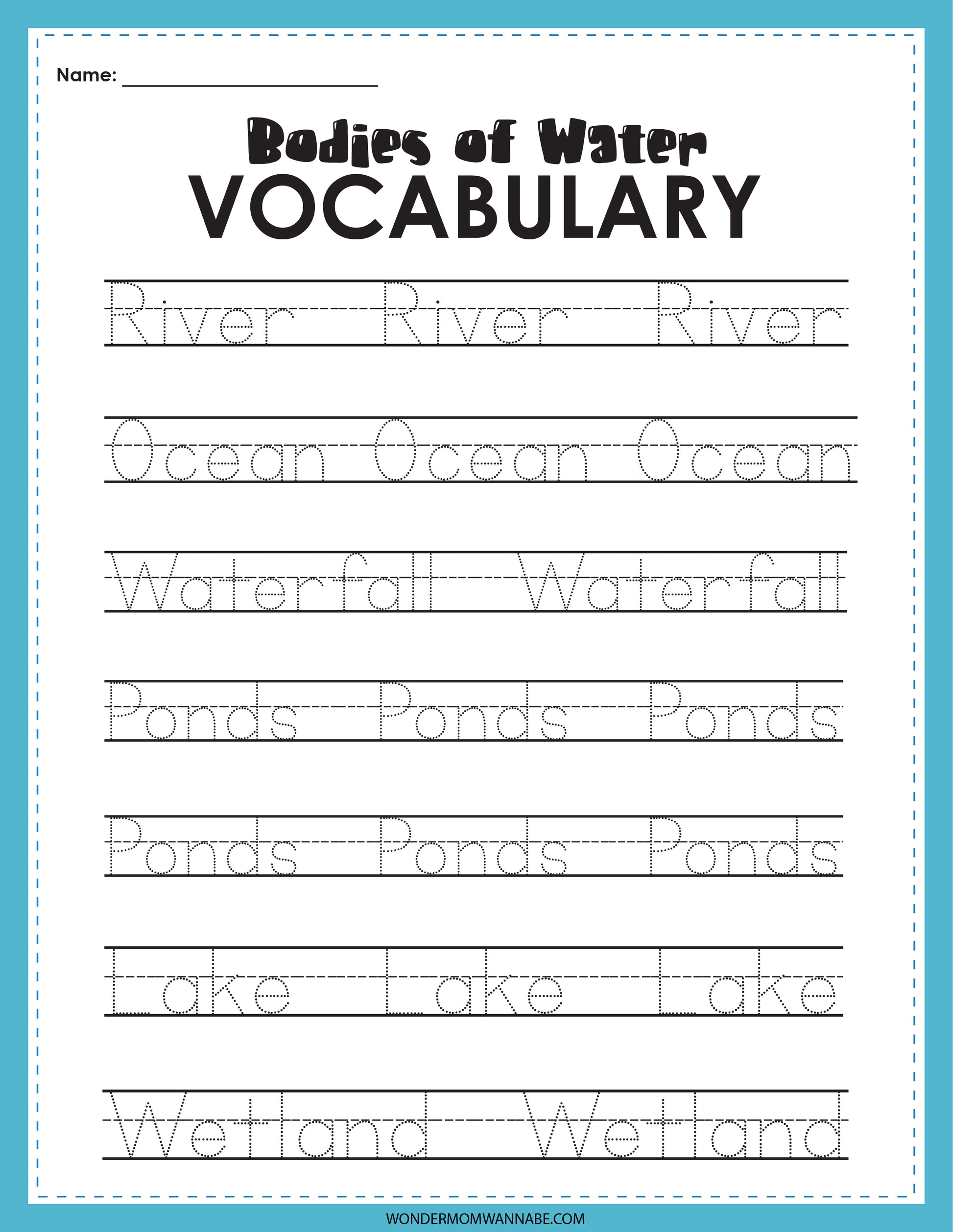 A digital product titled "Bodies of Water Activity Set" from Wondermom Shop offers engaging educational activities where words like "River," "Ocean," "Waterfall," "Ponds," "Lake," and "Wetland" are listed three times each for writing practice.