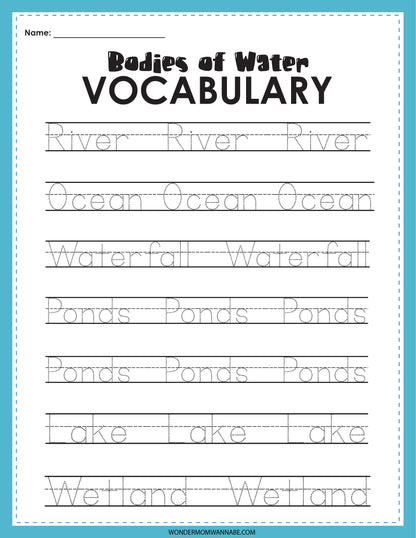 A digital product titled "Bodies of Water Activity Set" from Wondermom Shop offers engaging educational activities where words like "River," "Ocean," "Waterfall," "Ponds," "Lake," and "Wetland" are listed three times each for writing practice.