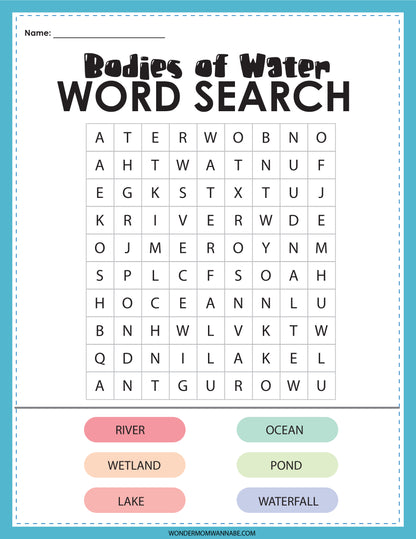 Embark on an exciting educational journey with the "Bodies of Water Activity Set" from Wondermom Shop. Explore a captivating word search puzzle filled with terms like river, ocean, wetland, pond, lake, and waterfall. It's the perfect way to boost vocabulary skills while having loads of fun!