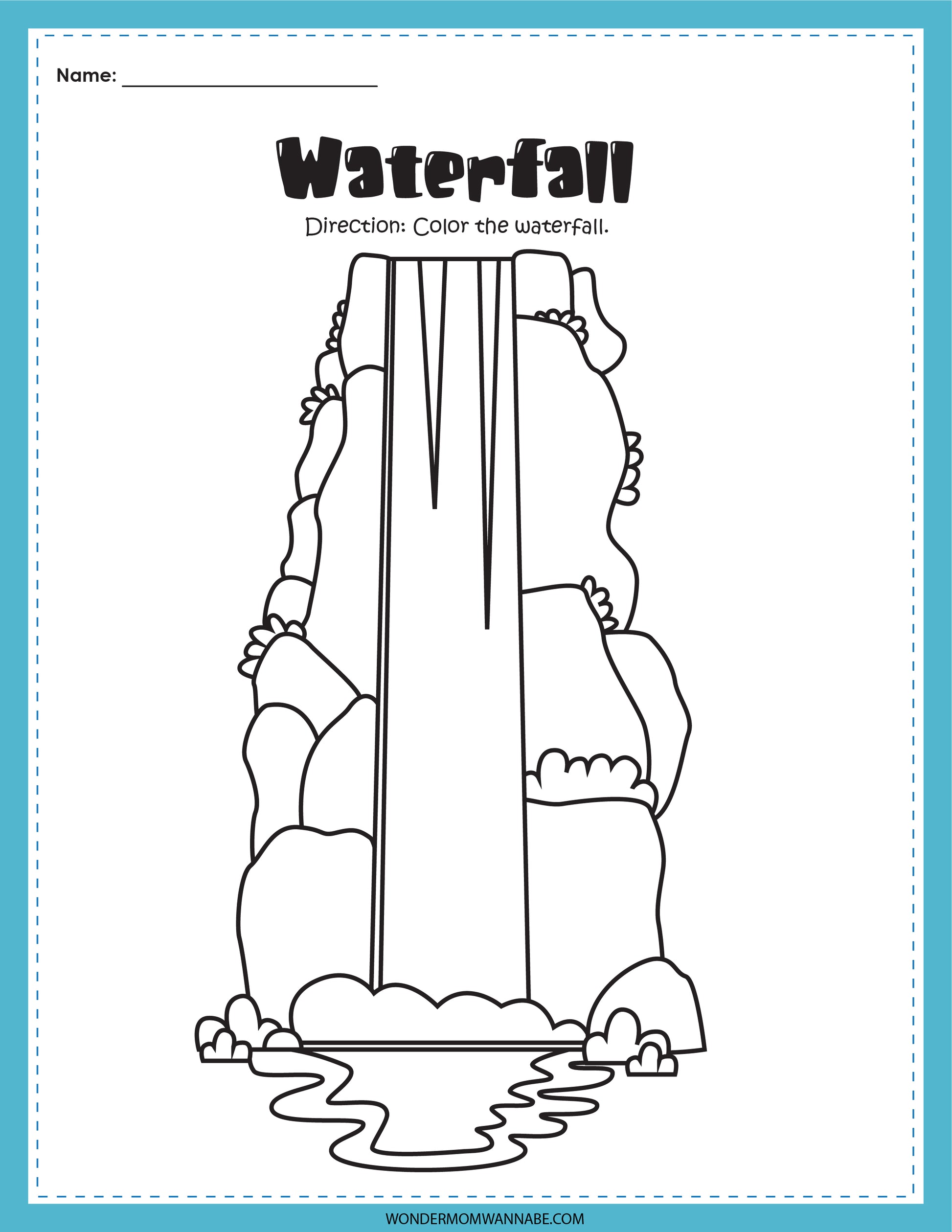 A digital product featuring a coloring page with a line drawing of a tall waterfall cascading over rocks into a pool. The directions at the top say, "Color the waterfall." Perfect for educational activities focused on bodies of water. The product name is Bodies of Water Activity Set from Wondermom Shop.