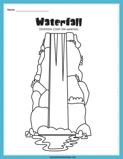 A digital product featuring a coloring page with a line drawing of a tall waterfall cascading over rocks into a pool. The directions at the top say, "Color the waterfall." Perfect for educational activities focused on bodies of water. The product name is Bodies of Water Activity Set from Wondermom Shop.