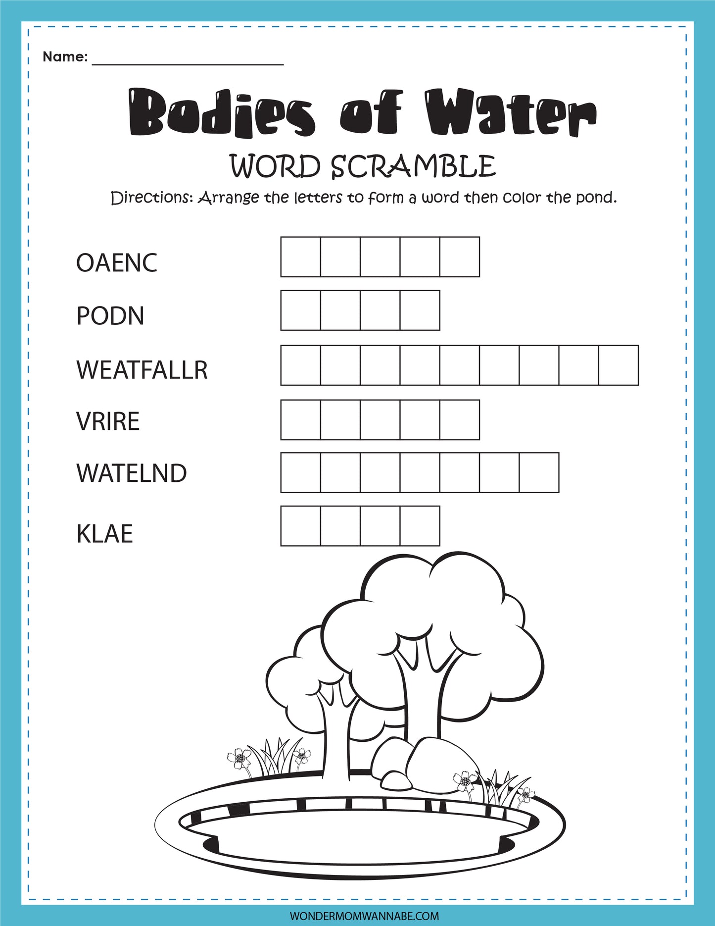 Word scramble worksheet titled "Bodies of Water" with scrambled words and blank boxes for solutions. Instructions state to unscramble the words then color the pond illustration at the bottom. This educational activity, the Bodies of Water Activity Set, is available as a digital product from Wondermom Shop.