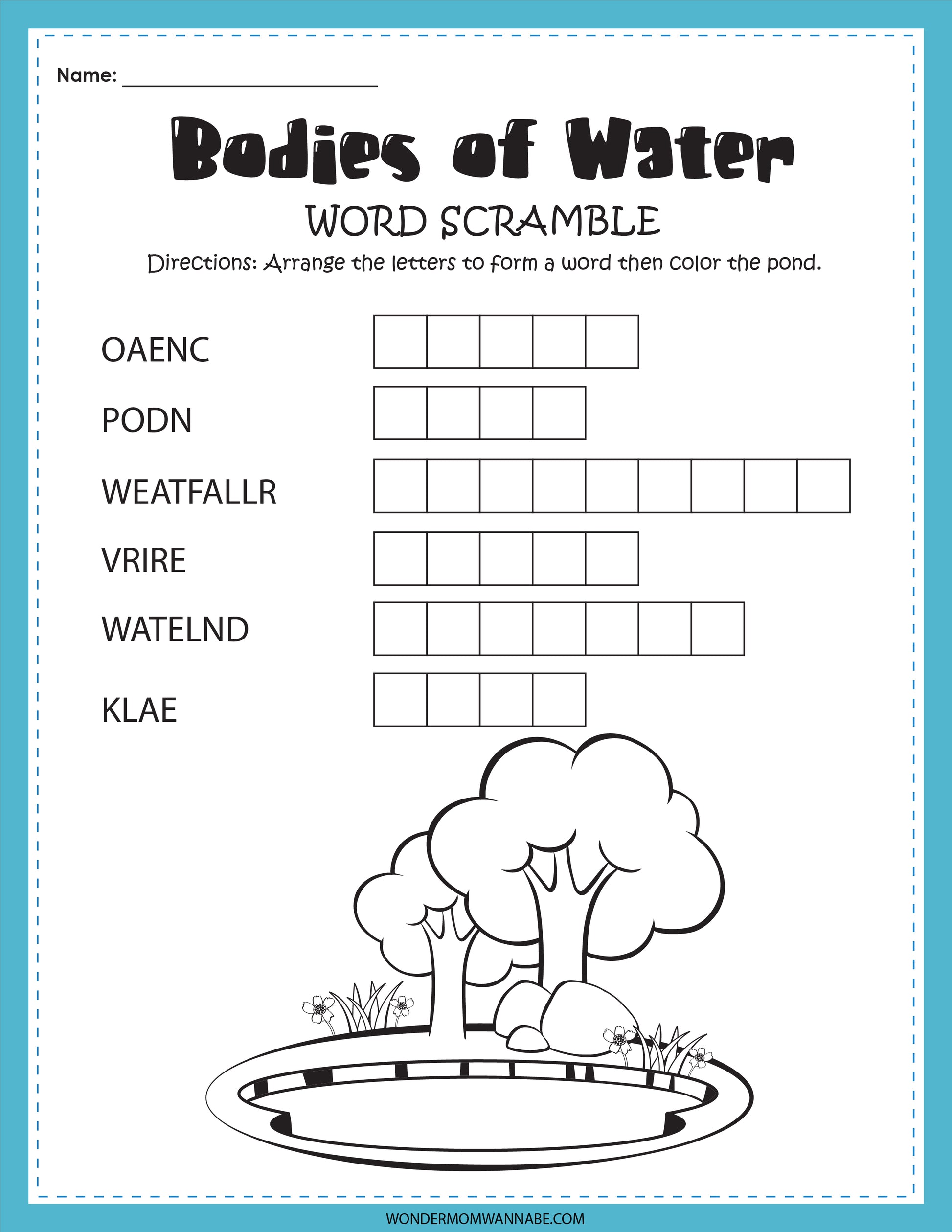 Word scramble worksheet titled "Bodies of Water" with scrambled words and blank boxes for solutions. Instructions state to unscramble the words then color the pond illustration at the bottom. This educational activity, the Bodies of Water Activity Set, is available as a digital product from Wondermom Shop.